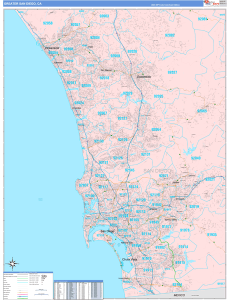 Greater San Diego Ca Metro Area Wall Map Color Cast Style By